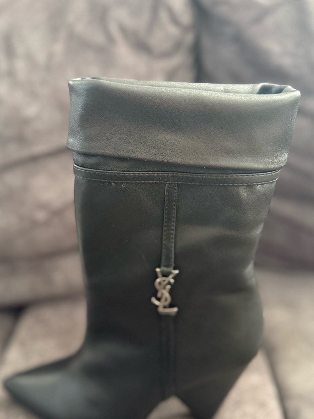 Saint Laurent Black Leather Fold-Over Pointed-Toe Mid-Calf Boots (45) - Picture 9 of 9